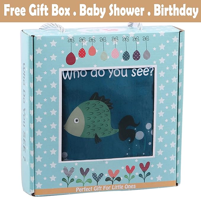 Fish Baby Book 0-6 Months,Touch Feel Cloth Crinkle Books for Babies,Infant Baby Toys 6-12 Months,Learning Education Soft Sensory Mirror Toy,Teether,Shower Gifts for Boys Girls-Gift Box