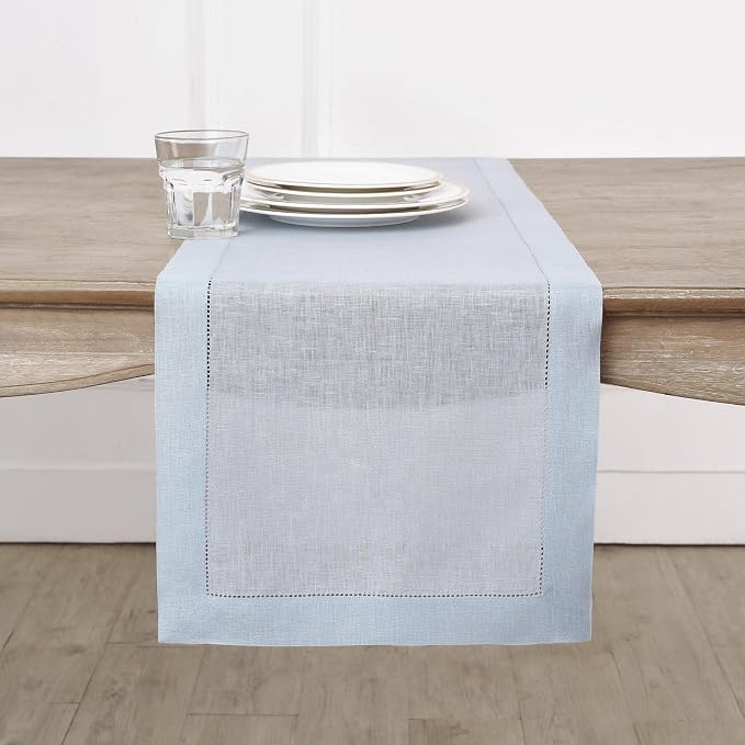 Solino Home 100% Pure Linen Table Runner Blue, Classic Hemstitch 14 x 90 in | by SolinoHome