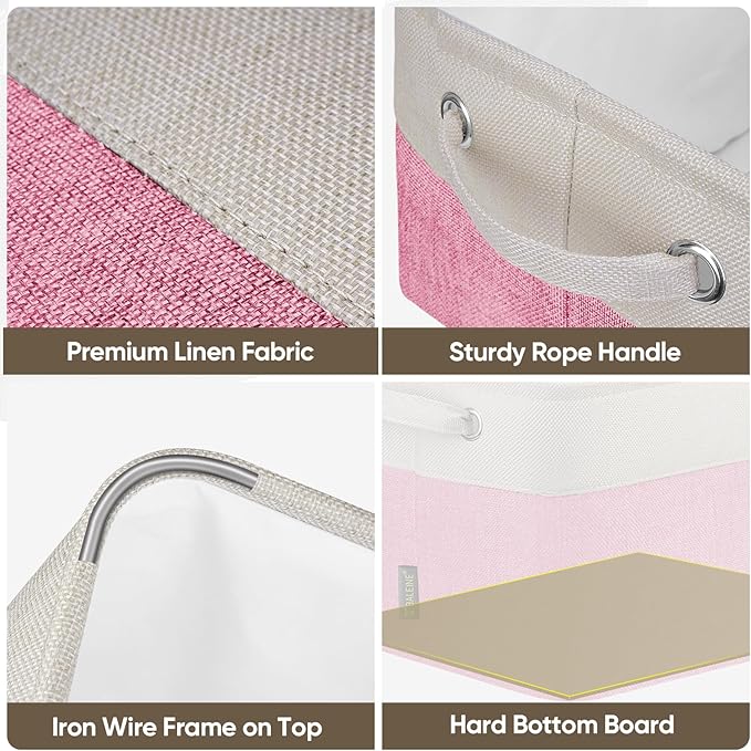 BALEINE 4 Pack Fabric Storage Bins for Shelves, Linen Storage Baskets for Organizing, Decorative Closet Bins for Clothes, Home (Pink, 12"x8"x8")