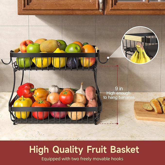 2-Tier Fruit Basket with Banana Hangers, Detachable Metal Bowl | Wooden handle - Image 2