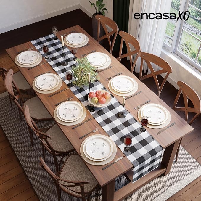 Encasa XO Table Runner, Woven Cotton Dining Runner 13"x120" Buffalo Black Checks - Image 4