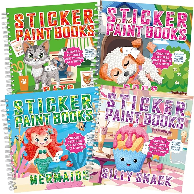 gisgfim 4Pcs Paint by Sticker Books Sticker by Number Books Activity Puzzle Book Craft Art Gift with Mermaid Cat Dog Silly Snack 32 Pictures Sticker by Number Book Set Party Favors