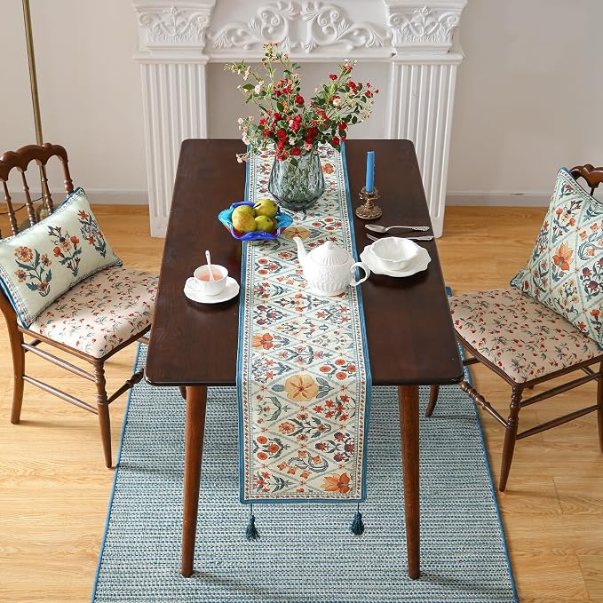 Designer French Linen Table Runner, Colorful Floral Pattern, Dining Table - Image 8