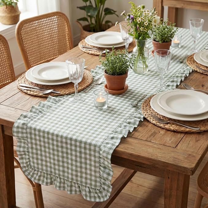 HunnmingRe 1 Pc Gingham Table Runner Green, 118 X 13.8 Inch | Cotton Dresser - Image 6