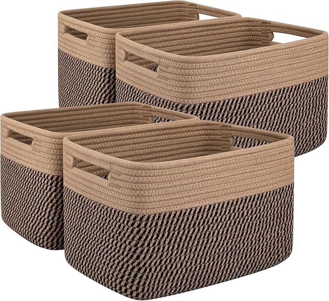 OIAHOMY 4 Pack Storage Baskets for Organizing, Basket for Shelves with Handle, Woven Baskets for Storage Toys, Towels, Books, Cotton Rope Basket 13" L x 9 " W x 7.8 " H, Brown & Black