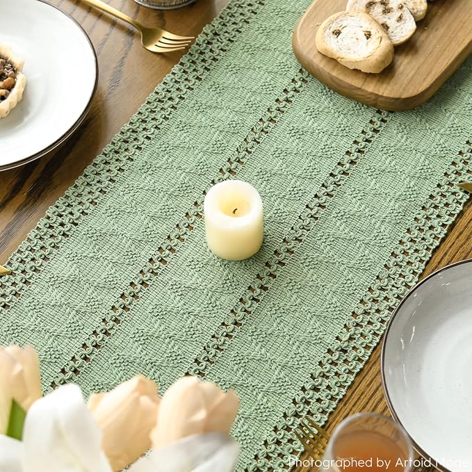 Artoid Mode Light Green Woven Farmhouse Hollow Table Runner 12x48 Inch | - Image 8