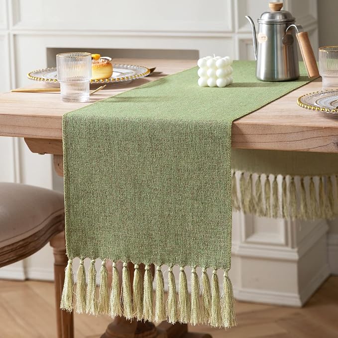 Green Table Runners 60 Inches Long, Burlap Linen Style Rustic Farmhouse Table by ZEEMARTONLINE