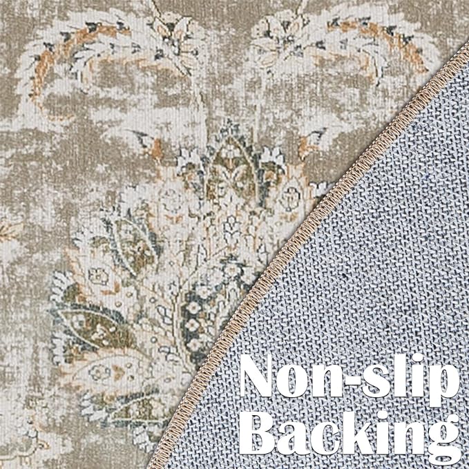 jinchan Round Rug 4ft Area Rugs Vintage Floral Distressed Design - Machine Washable Non-Slip Low-Pile Ultra-Thin Circle Rug for Entryway Bedside Living Room Dining Room Bedroom (4' Round,Taupe)