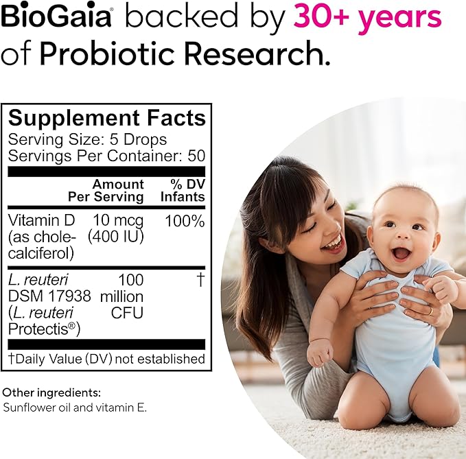 BioGaia Protectis Baby Probiotic Drops | Colic & Gas Relief + Vitamin D | Safe for Newborns | Ease Crying, Fussing, Colic, Gas, Spit-ups & Constipation | No Dairy, Soy & Gluten | 50 Day Supply | 10mL