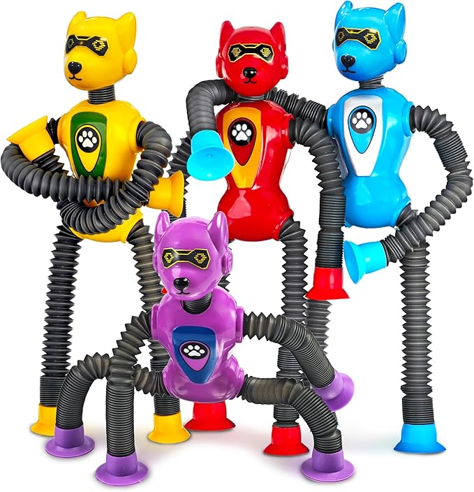 Cool Robot Dog Pop Tubes Sensory Fidgets Toddler Toy 4PC Travel Toys Airplane Car Activities Autistic Road Trip Toys Suction Tube for Kid Boy Year Old Ages 3 4 5 6 7 8 ADHD Autism Fidget Classroom