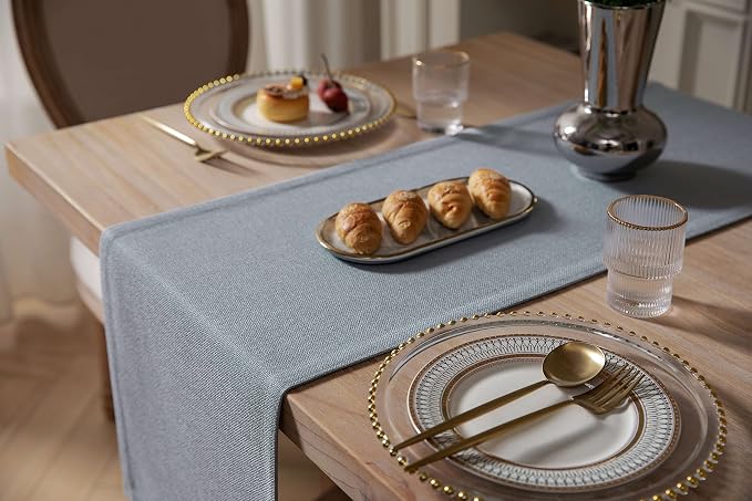 Burlap Style Farmhouse Table Runner, 14x72 Inches Light Dusty Blue | Thick - Image 4
