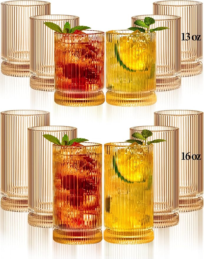 Ribbed Glassware Vintage Drinking Glasses 12Pcs Set （6 Highball Glasses 16Oz by Megarte