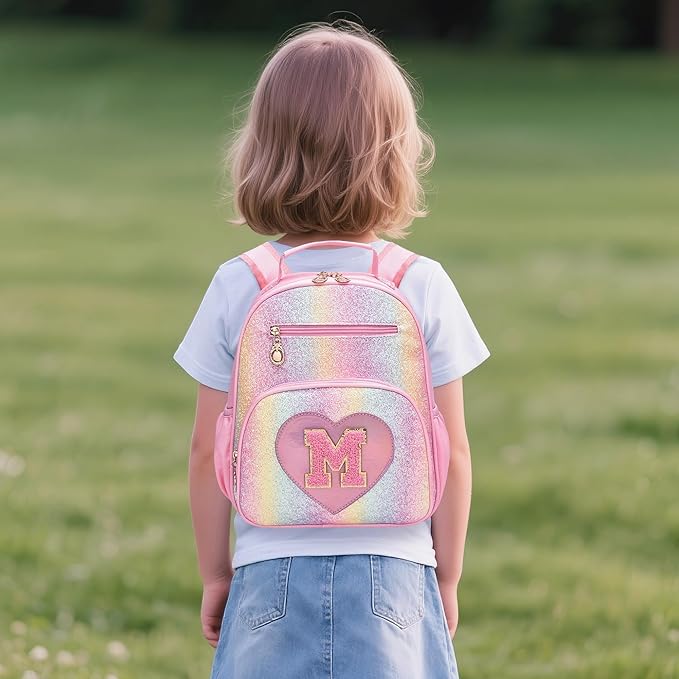 I IHAYNER Kids Glitter Lightweight Backpack for School Travel & Daycare, Toddler Backpack for Girls 3+ Preschool Kindergarten Elementary Kids Backpack-Rainbow Pink M