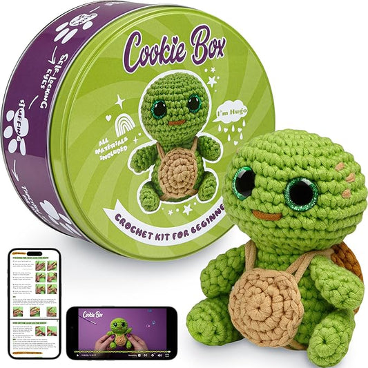 Cookie Box Crochet Kit for Beginners - Learn to Craft Amigurumi Stuffed Animals - Knitting Gift for Kids and Adults - Beginner-Friendly Yarn - Stitch-by-Stitch Video Tutorial - Turtle Hugo