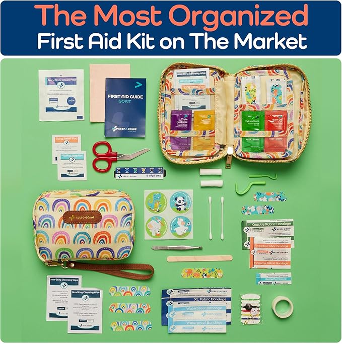KeepGoing Travel First Aid Kit for Kids – 130 Pc. for Car, Home, Purse, Diaper Bag & Backpack with Latex-Free Bandages - Mini First Aid Kit Travel Size TSA-Approved