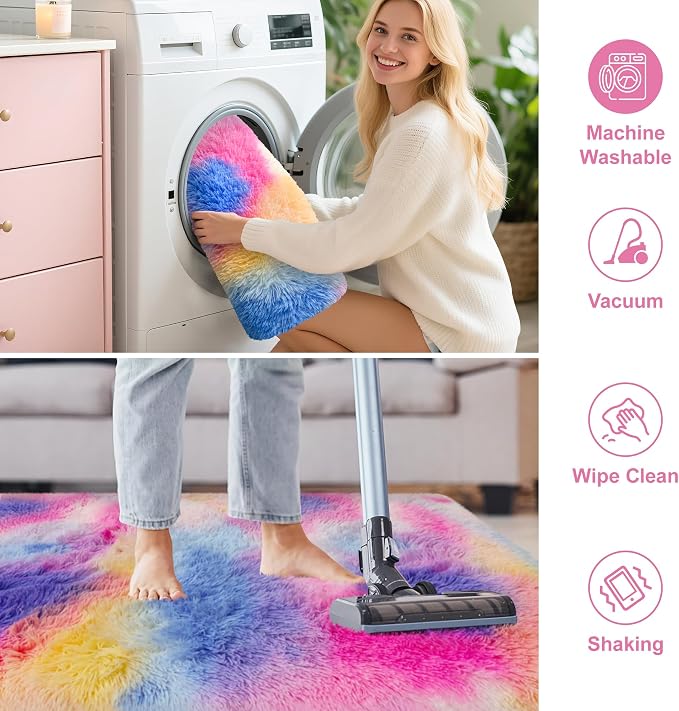 Soft Fluffy Pink Rainbow Rug for Girls Bedroom Carpet 2x8 Tie Dyed Shag Runner - Image 7