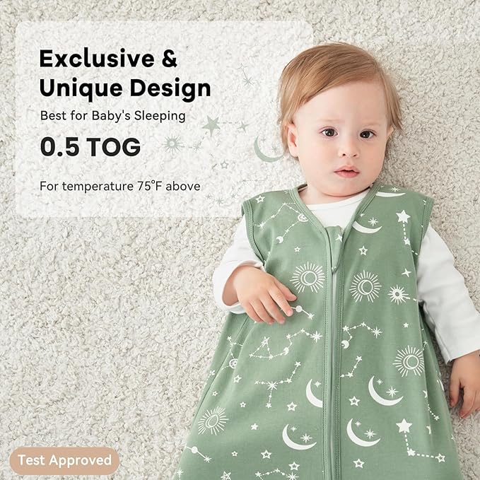 Baby Sleep Sack 0-6 Months 3 Pack 100% Cotton Lightweight 0.5 TOG Wearable Blanket Baby Sleep Bag with 2-Way Zipper for Newborn Infant