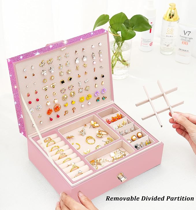 Jewelry Box for Earrings for Girls Jewelry Organizer Box Earring Holder Organizer for Girls Earring Box Jewelry Box Stud Earring Organizer for Girls Earring Jewelry Boxes for Women Pink Bling