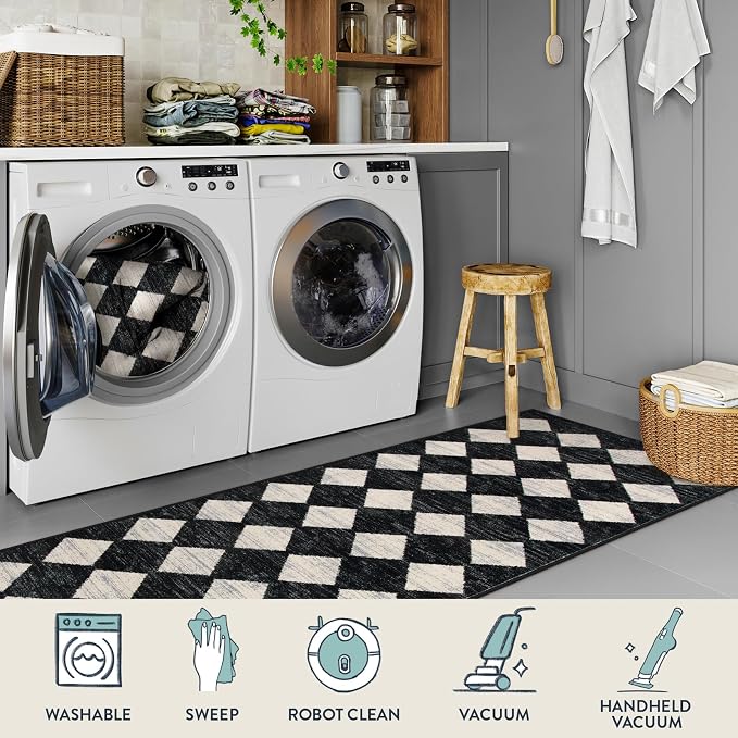 Checkered Kitchen Runner Rug 2x6 Black, Non Slip Washable Hallway Bathroom - Image 4