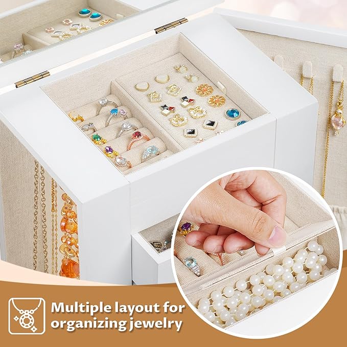 Jewelry Box for Women, 5 Layer Large Wood Jewelry Boxes & Organizers for Necklaces Earrings Rings Bracelets, Rustic Jewelry Organizer Box with Drawers and Mirror (Vintage White)