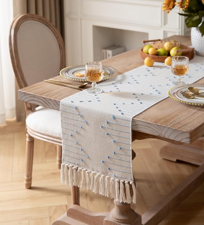 Boho Table Runner 13 x 60 Inch Long Natural Cotton Woven Runner - Image 2