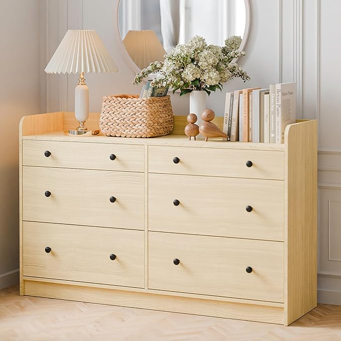 Cozy Castle Baby Dresser with 6 Drawers and Large Table Top, Multi-Functional Chest of Drawer, Drawer Dresser with Three-Sided High Rails for Nursery, Children's Room, Bedroom, Oak