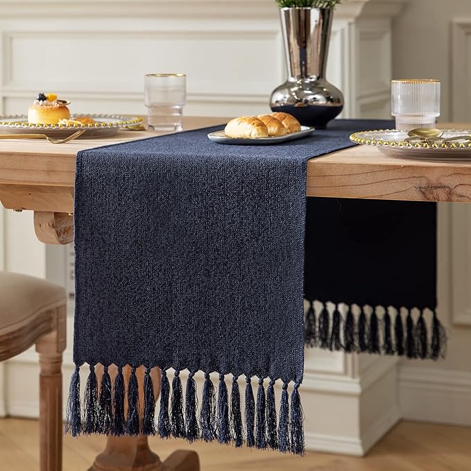 Navy Table Runners 48 Inches Long, Burlap Linen Style Rustic Farmhouse Table by ZEEMARTONLINE