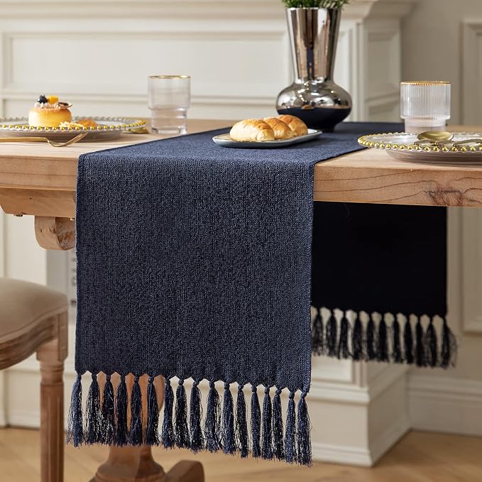 Navy Table Runners 72 Inches Long, Burlap Linen Style Rustic Farmhouse Table by ZEEMARTONLINE