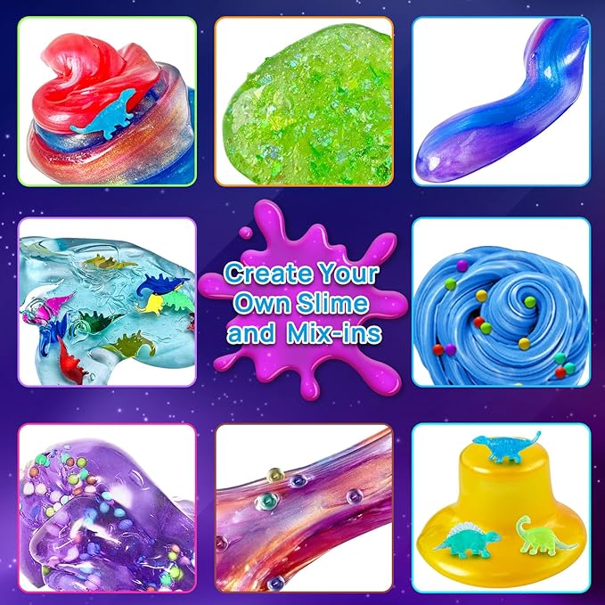 Dinosaur Slime Kit for Girls, Glimmer Crunchy, Galaxy Slime Making Kit for Kids 6-12, Glow in The Dark DIY Slime Kit with Add-ins, Foam Balls, Charms, Glitters, Dinosaur Gift Toys