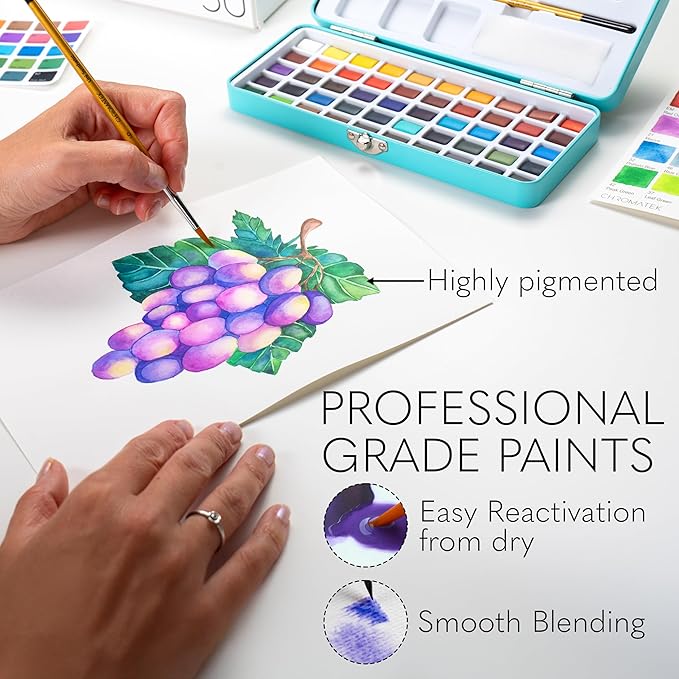 CHROMATEK Watercolor Paint Set – 50 Vivid Colors Including Transparent, Opaque & Pastel – Art Kit with Brush, Water Pen, Palette, Color Chart, Swatch Sheets, Pad & Metal Travel Case