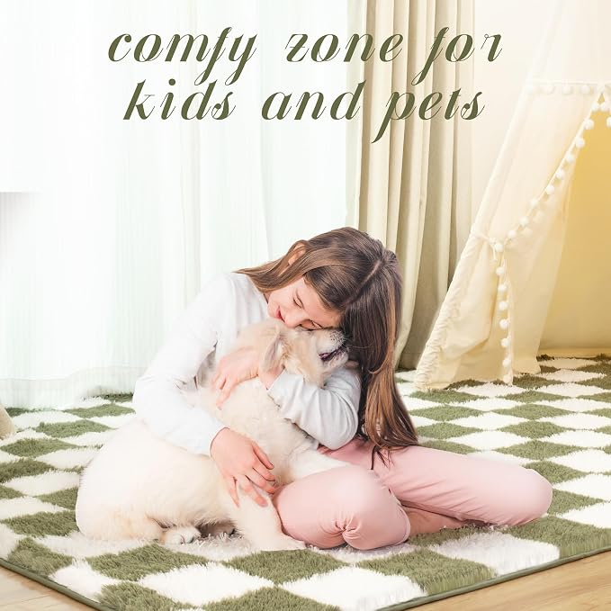 Super Soft Rug for Bedroom, 5x8 Ft Green and White Area Rug Classic Checkered - Image 7