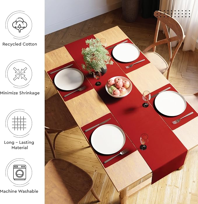 Encasa XO Table Runner, Yarn Dyed Ribbed Cotton 13"x79" | Solid Red, 12-Ply - Image 3