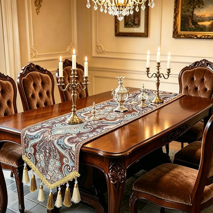 Elegant Table Runner 120" Brown Floral Baroque Medallion - Image 2