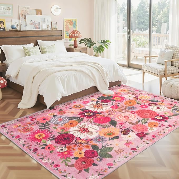 Pink Floral Bedroom Rug 5x7, Non-Slip Washable Area Rug - Image 3