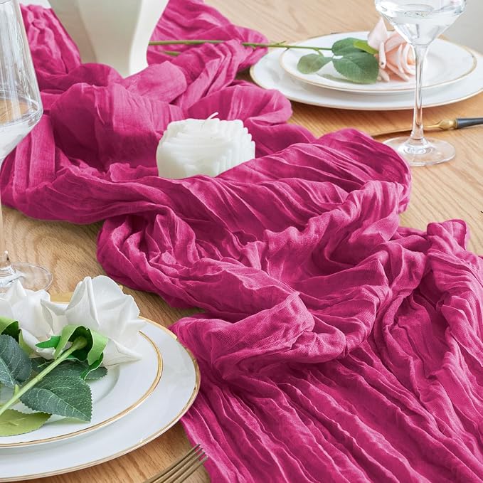 Cheesecloth Table Runner 10FT 3Pcs Fuchsia Boho Gauze Rustic Sheer Runners | - Image 5