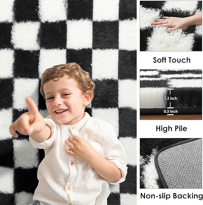 KICMOR 5x7 Rug for Living Room Bedroom, Fluffy Black and White Area Rug Fuzzy - Image 2