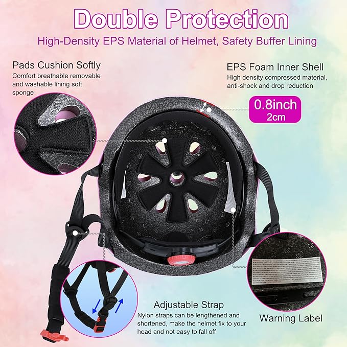 Kids Bike Helmet with DIY Stickers and Knee Pads Elbow Pads Wrist Guard Set for Ages 3-8-14 Toddler Boys Girls Helmet for Roller Skates Cycling Skateboarding Bicycle Scooter