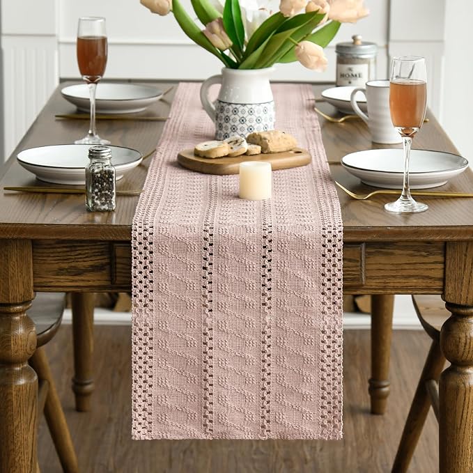 Artoid Mode Pink Woven Farmhouse Hollow Table Runner 12x36 Inch | Holiday - Image 3