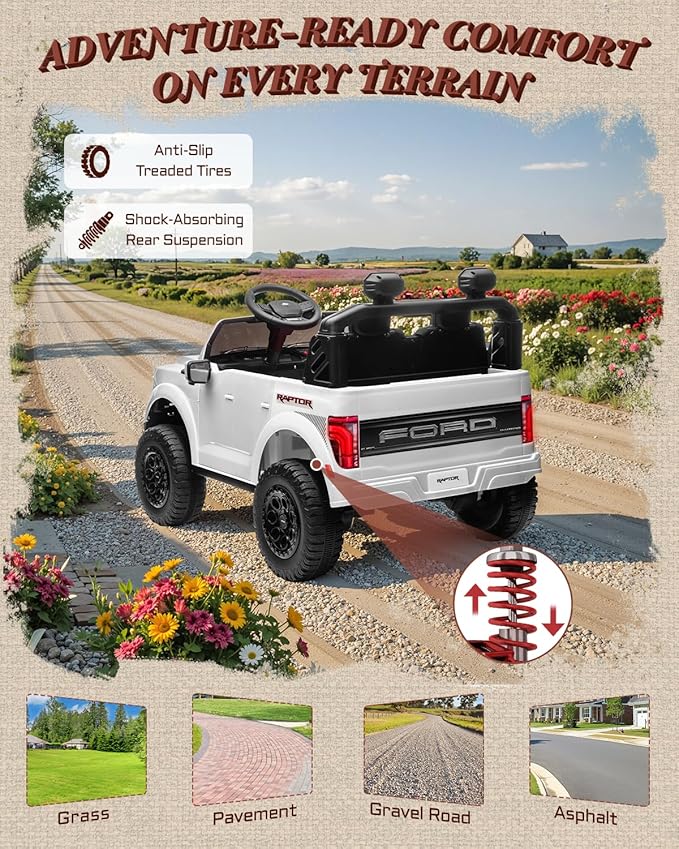 24V Kids Ride On Truck, Licensed Ford F-150 Raptor 2 Seater Electric Car w/Remote Control, Toddler Ride On Car Toys w/LED Lights, Bluetooth, Music, Truck Bed Storage, Soft Start (White)