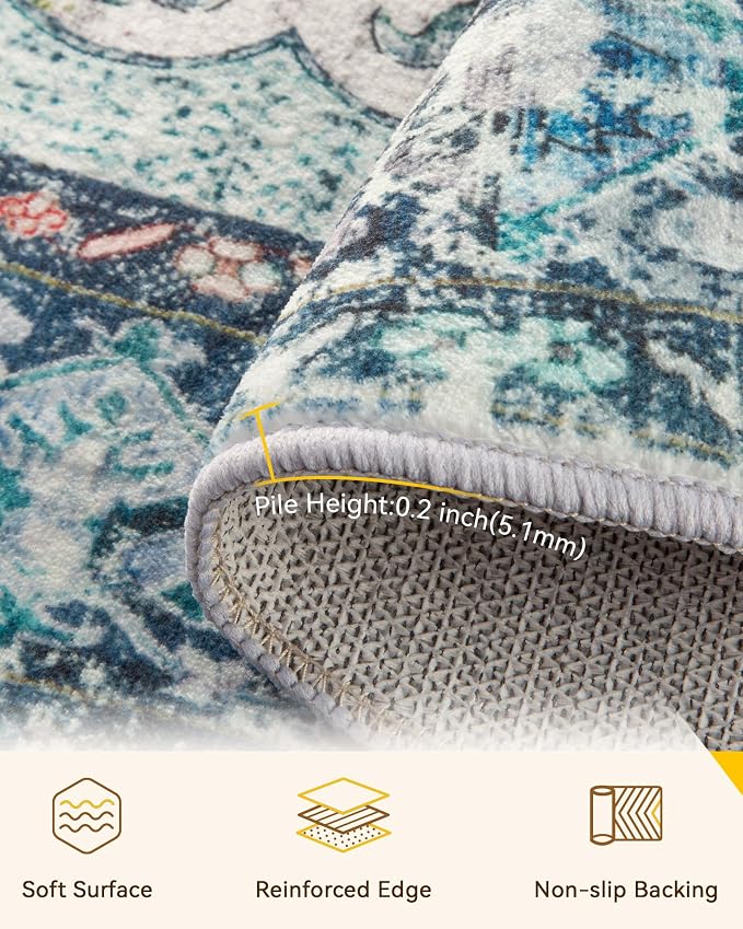 RELEANY Area Rugs Round 6ft Washable Non-Slip, Floral Vintage Distress - Image 4