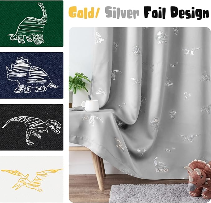 Vangao Kids Curtains Grey Blackout Dinosaur Curtains for Boys Kids Nursery Girls Room Silver Dino Foil Print Thermal Insulated Drapes Grommet Top Window Treatments 84 Inches Length 2 Panels