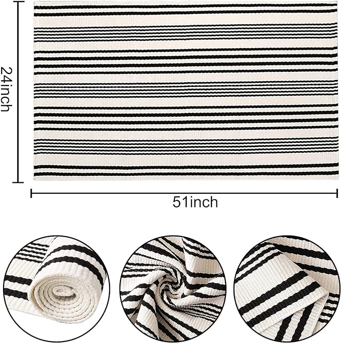 Black and White Striped Outdoor Rug 24'' x 51''Farmhouse Front Porch Rug - Image 2