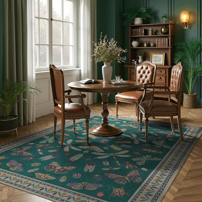 DCX 6x9 Washable Insect Rug, Vintage Gothic Deep Teal Rug - Image 3