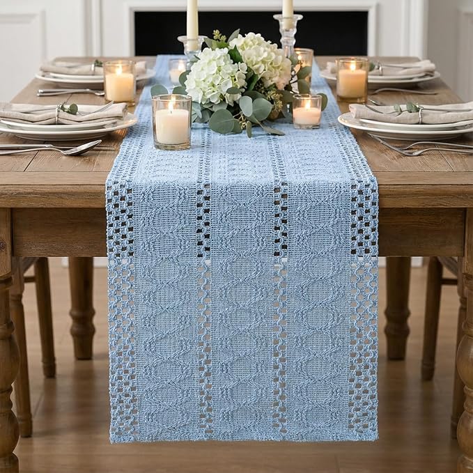 Artoid Mode Sky Blue Woven Farmhouse Hollow Table Runner 12x90 Inch | Holiday - Image 3