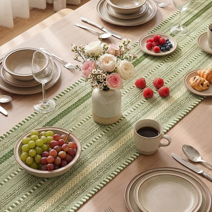 Artoid Mode Army Green Farmhouse Stripe Braided Table Runner 12x108 Inch | - Image 4