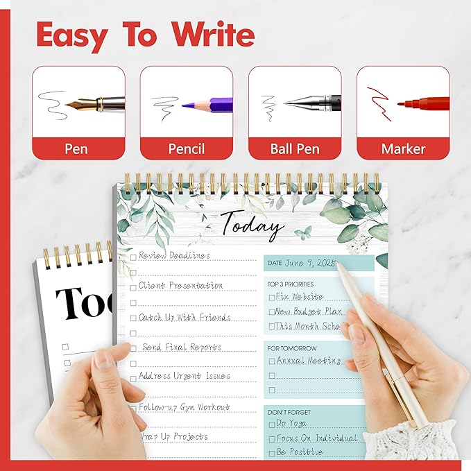 2 To Do List Notepads, Daily Planner Notebook with Tear-off Design, Undated Writing Organizer for Daily Tasks and Goal, Coiled Task Track Checklist Productivity Pad for Office, Classroom, Home, School