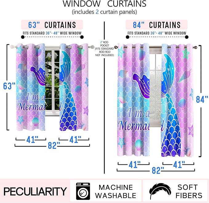 Mermaid Curtain Panels for Girls Room 2Pcs, Pink Cartoon Blackout Curtains 84 inch Length for Girls Bedroom Nursery Room Grommet Top Thermal Insulated Curtains, Dinosaur Print, 82" x 84"