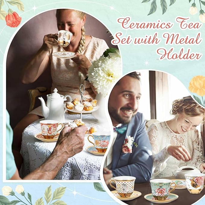 Teenyyou Set of 24 Tea Cups and Saucers Tea Party Decorations Floral Porcelain - Image 6