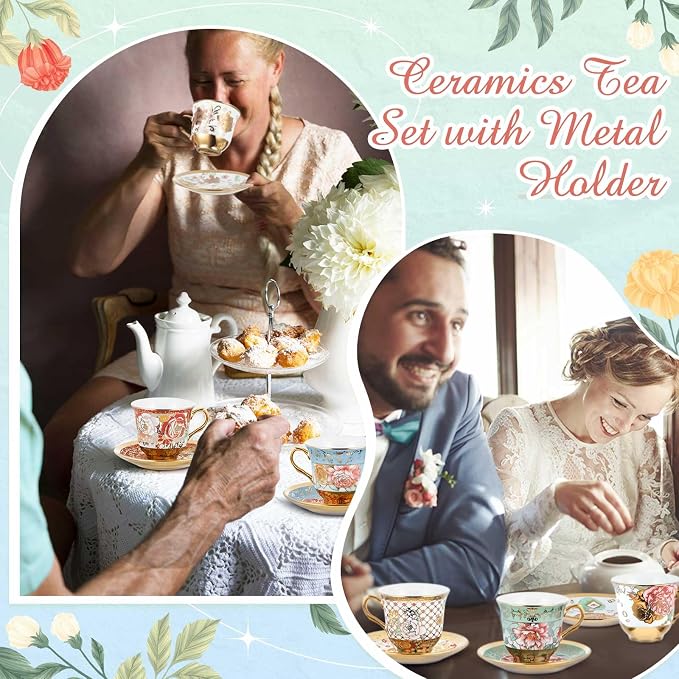 Teenyyou Set of 36 Tea Cups and Saucers Tea Party Decorations Floral Porcelain - Image 4