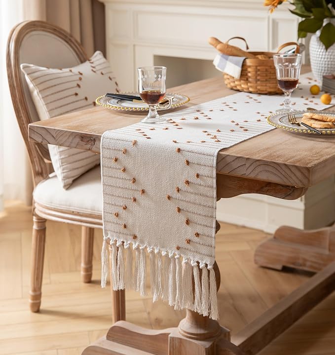 Boho Table Runner 13 x 90 Inch Long Natural Cotton Woven Runner - Image 2